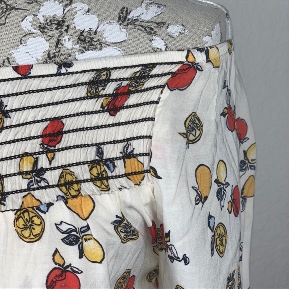 Democracy fruit print off the shoulder blouse smocked neck peasant boho top - Picture 4 of 8